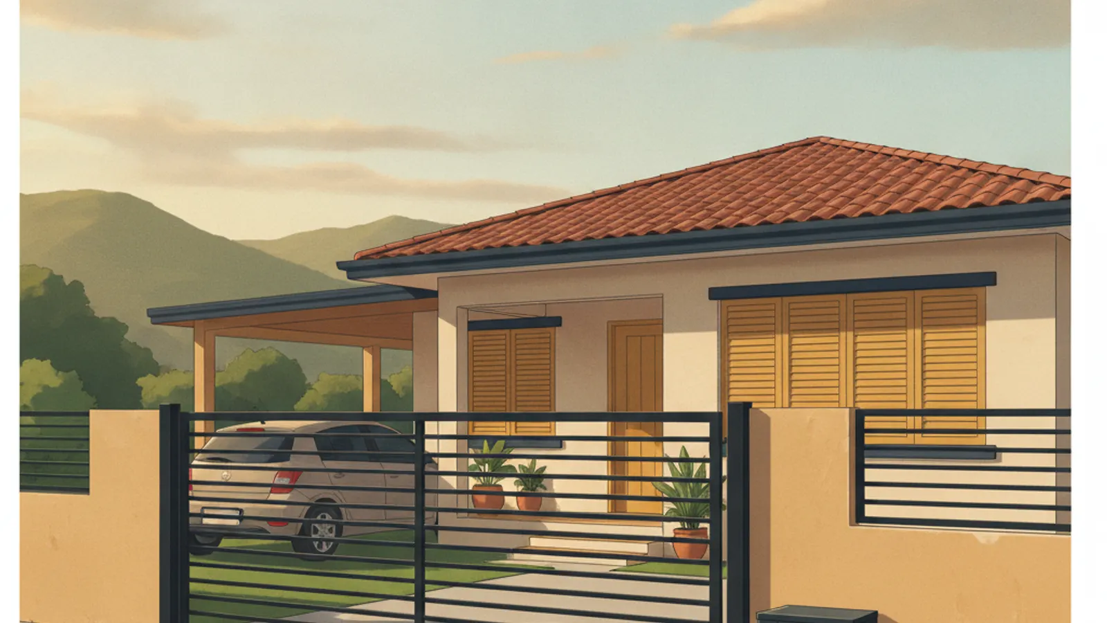Ilustración de una casa costarricense con un portón corredizo eléctrico metálico al atardecer